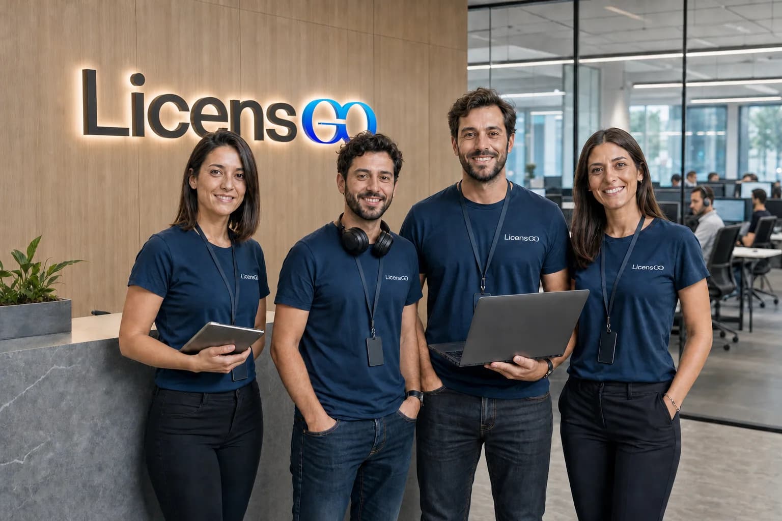 The Licensgo team at the office reception, with the sign on the wall and the sales team at work