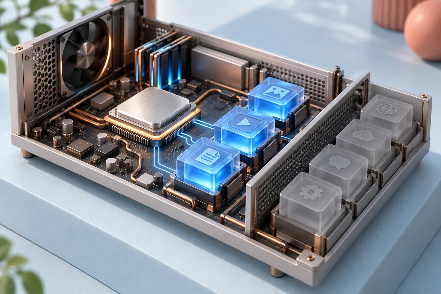 An open computer model with active blue modules and idle grey modules, connected by orderly paths.