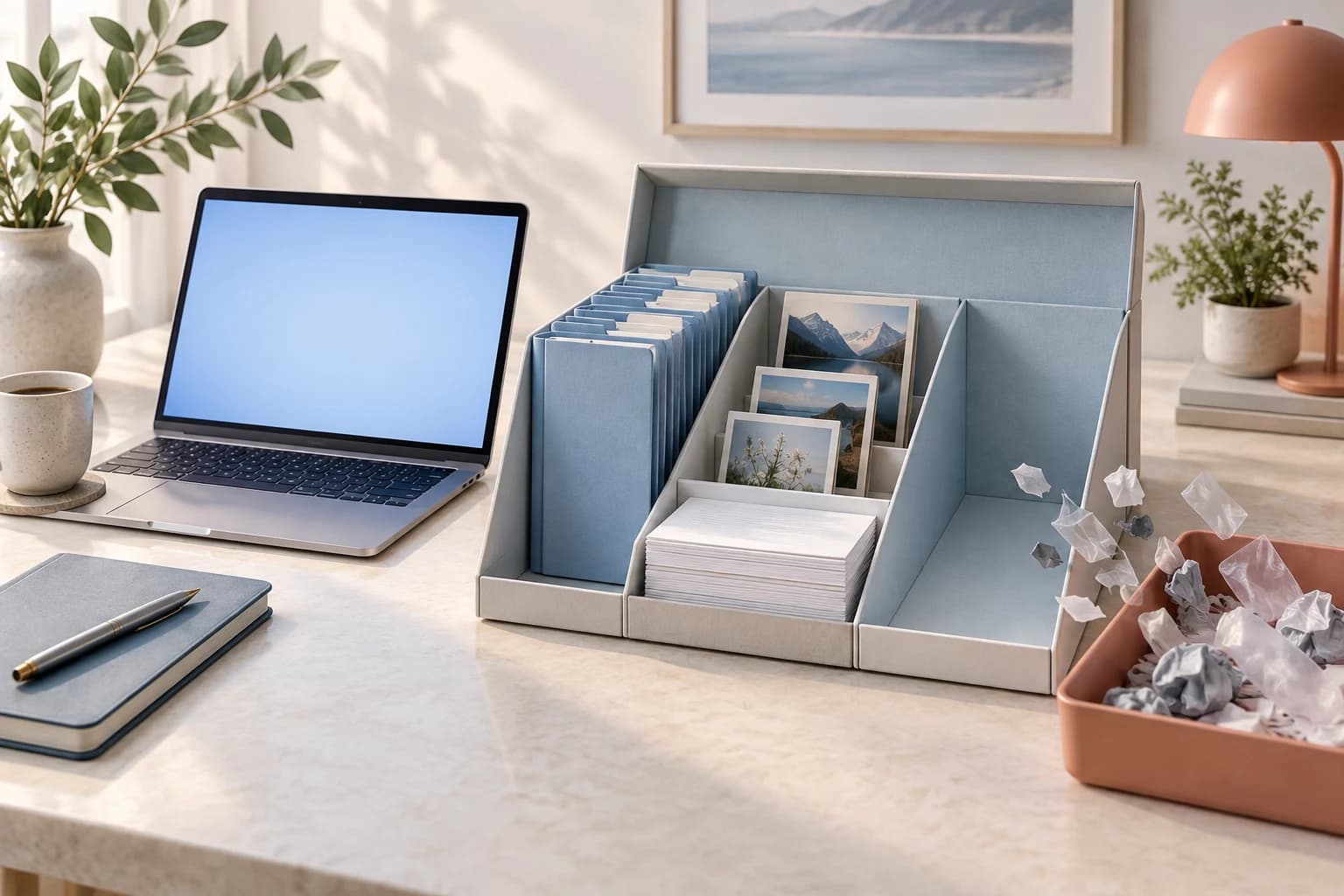 A laptop beside an organised archive of folders and photos, with small discarded items in a separate tray.