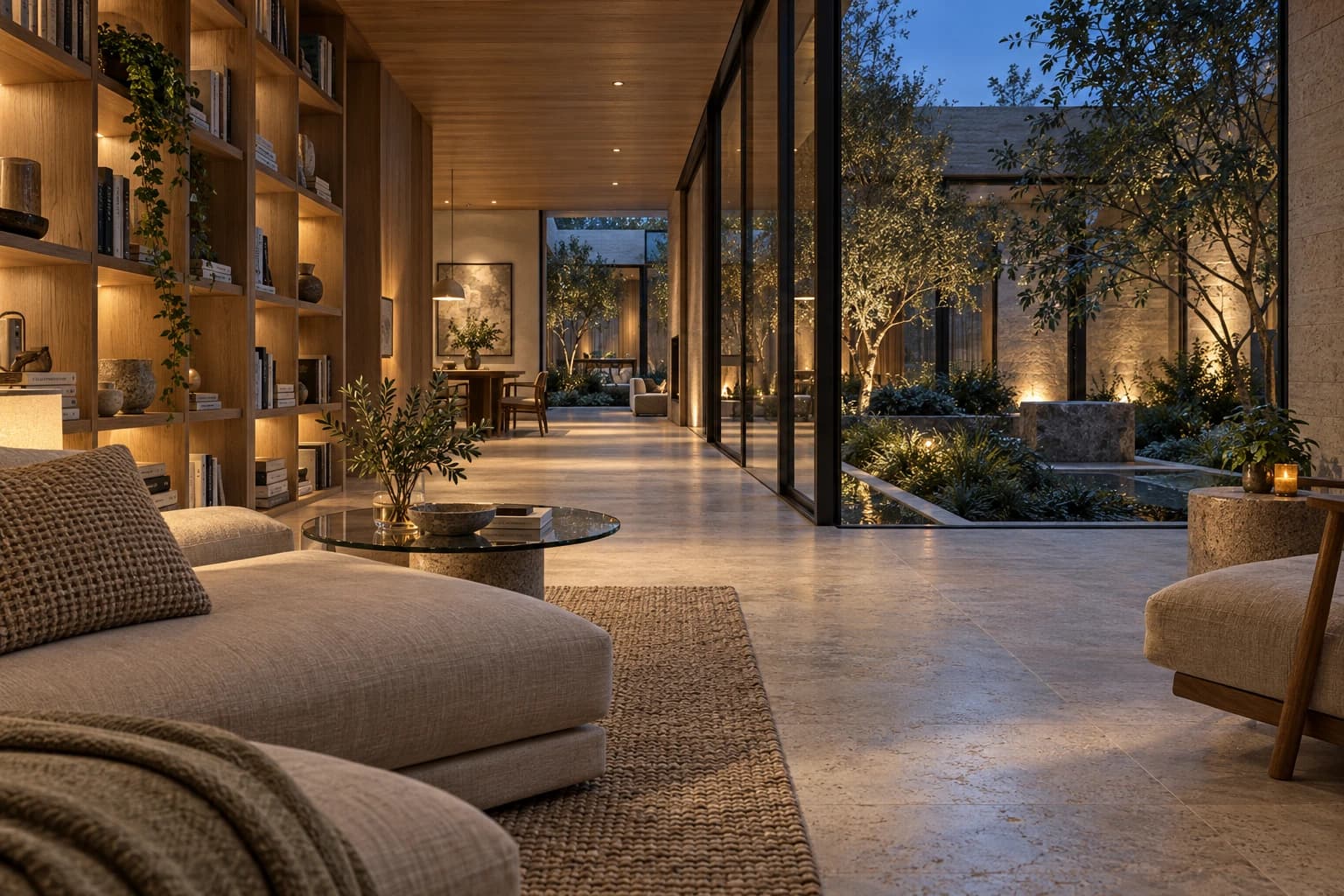 Contemporary timber and stone library lit at sunset, overlooking a green courtyard.