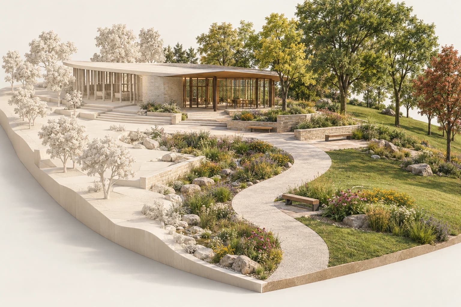 A pavilion in a park, from the white model to a scene with stone, trees, paths and flowerbeds.