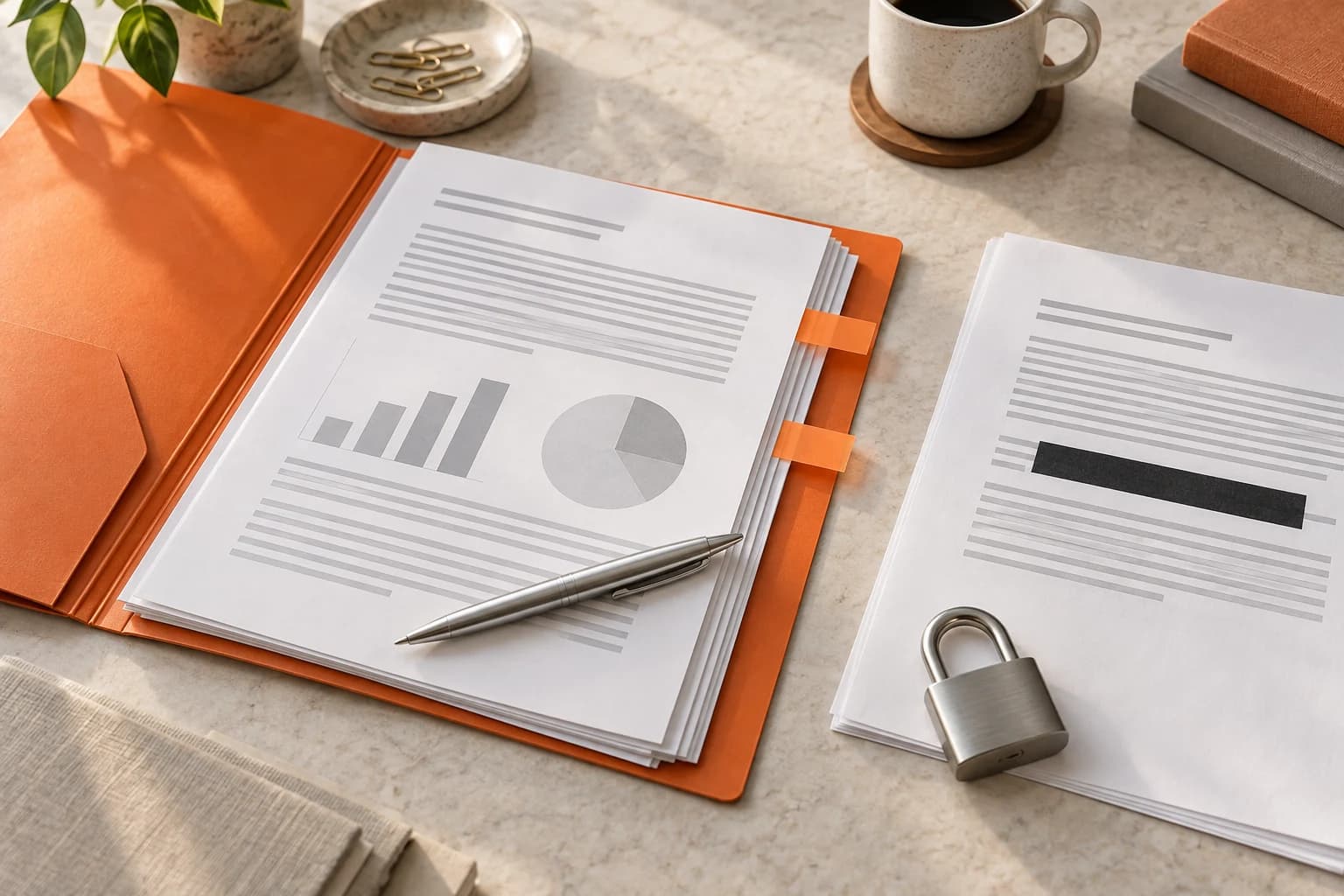 Dossier in an orange folder with a pen and bookmarks, beside a page with a redacted line and a padlock.