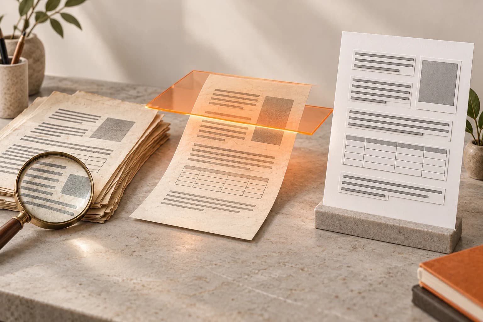 Paper sheets pass through an orange scanning plane and become an organised page with text lines and a table.