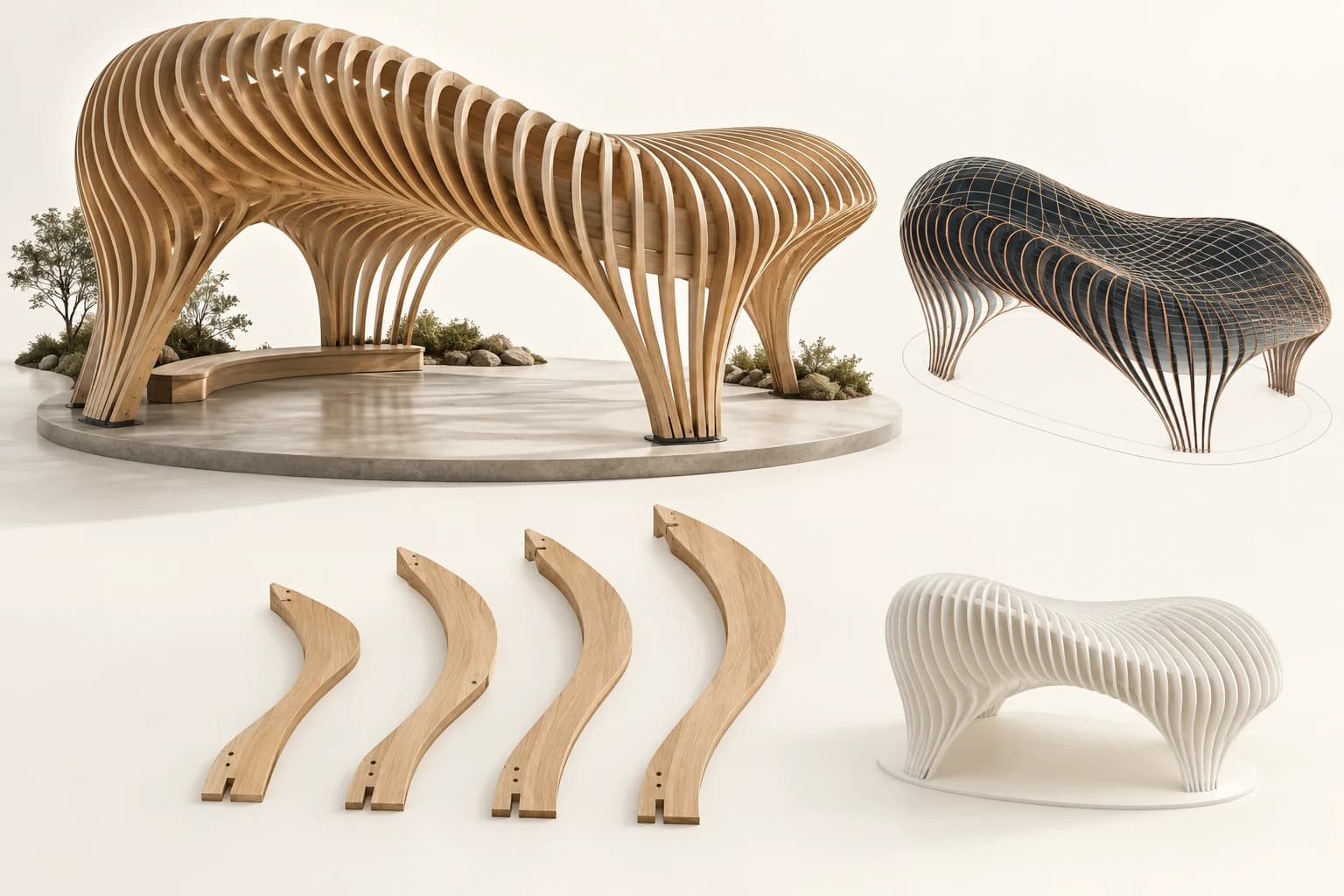 Curved timber-rib roof with a surface study, separated profiles and a white scale model.