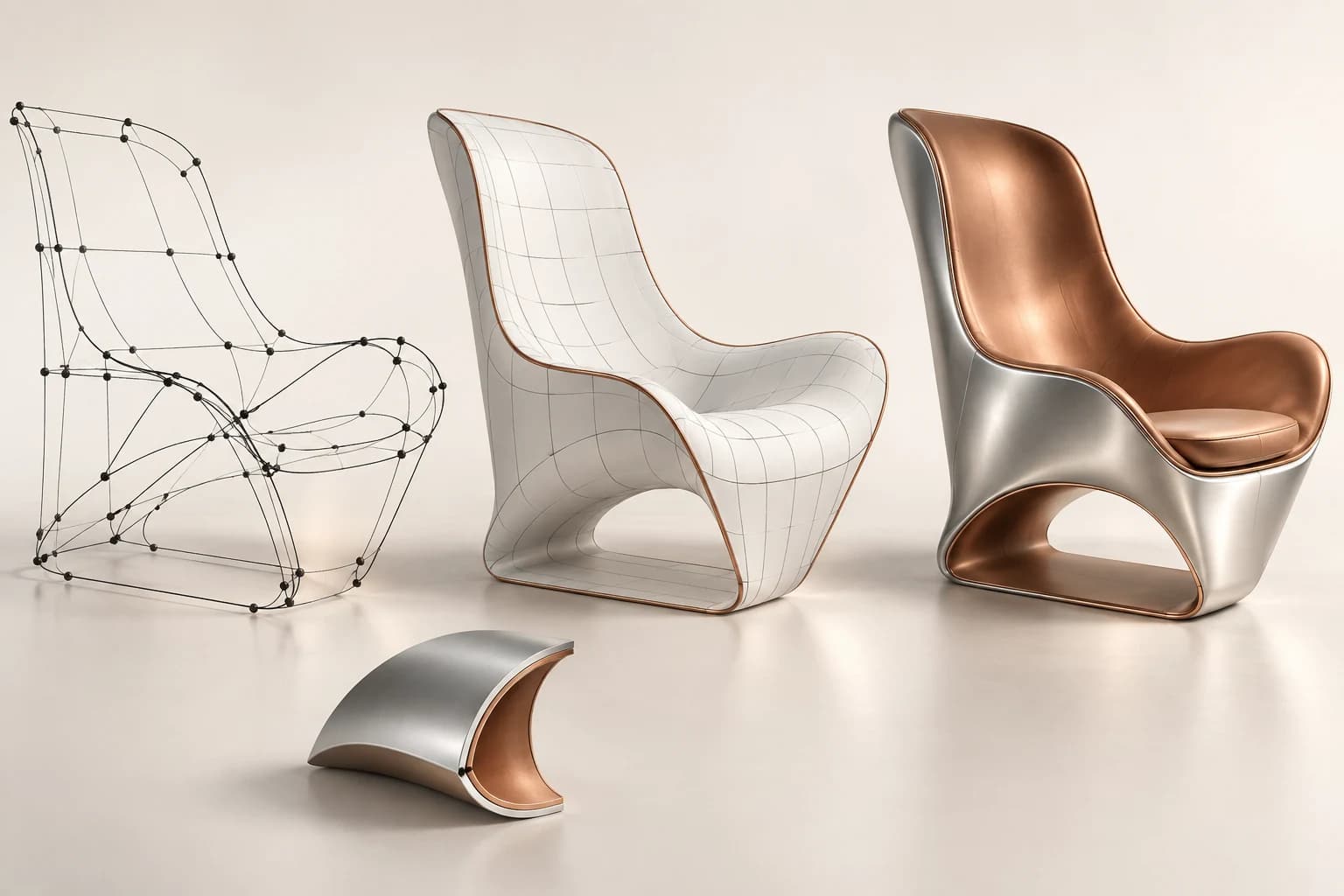 Three studies of the same seat: a curve network, a white surface and a metallic finish with copper-coloured details.